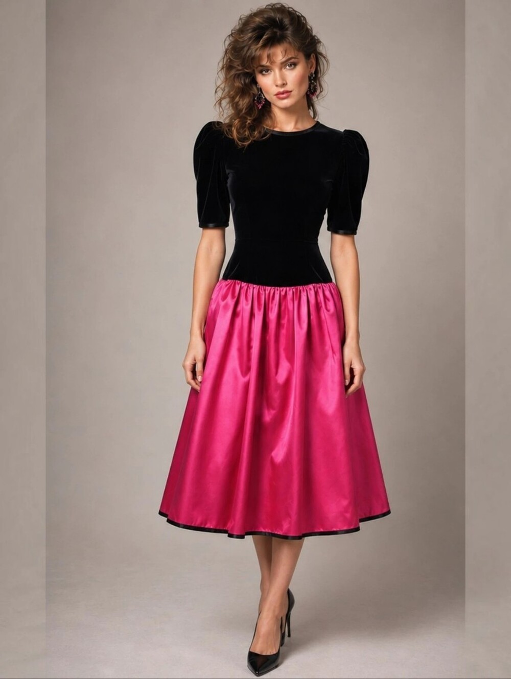 Vintage 1980s Susan Roselli for Vijack Black Velvet & Pink Satin Dress Size 7/8